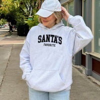 Varsity Lettering Holiday Hoodie, Santa's Favorite Christmas Hoodie, Comfy Winter Graphic Sweatshirt, Santa Claus Pullover Hoodie