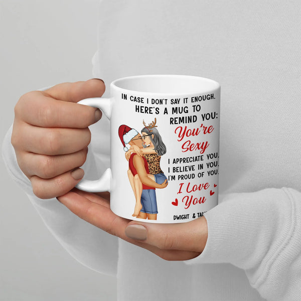 Santa and Reindeer Kissing Couple Coffee Mug, You're Sexy I Love You Christmas Mug, Humorous Romantic Xmas Ceramic Cup, Holid
