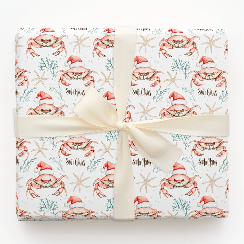 Coastal Crab Christmas Gift Wrap, Santa Claws Crab Wrapping Paper, Nautical Watercolor Crab Wrapping Paper, Beach Holiday Crab Gift Wrap