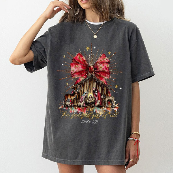 The Greatest Present of All Christian Graphic Tee, Nativity Scene T-Shirt, Jesus Holy Night Shirt, Religious Christmas Holida