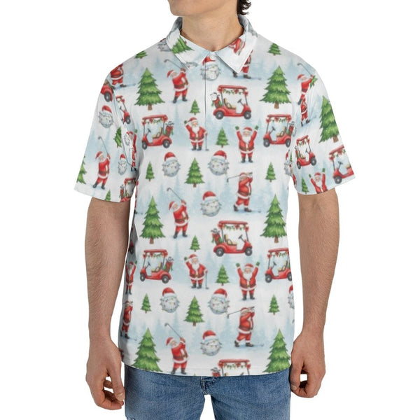 Humorous Christmas Golf Shirt, Santa Playing Golf Polo Shirt, Holiday Golfer Polo, All-Over Xmas Print Collared Shirt, Christ