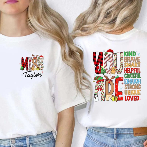 Custom Name Holiday Educator Shirt, Personalized Christmas Teacher T-Shirt, Two Sided Festive Graphic Tee, Xmas Teacher Seaso