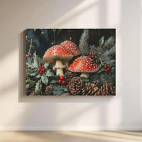 Red Amanita Holly Pine Cone Canvas Print, Christmas Mushroom Canvas Wall Art, Botanical Holiday Wall Decor, Cottagecore Winter Canvas Present