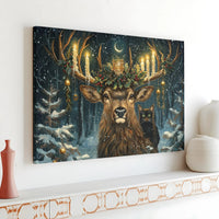Snowy Forest Black Cat Canvas Print, Christmas Deer Canvas Wall Art, Candle Antler Stag Canvas, Whimsical Winter Holiday Home Decor Present