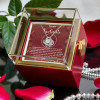 Holiday Crystal Pendant Necklace, Soulmate Love Knot Necklace, CZ Knot Jewelry, Rotating Rose Gift Box, Christmas Anniversary Present for Her