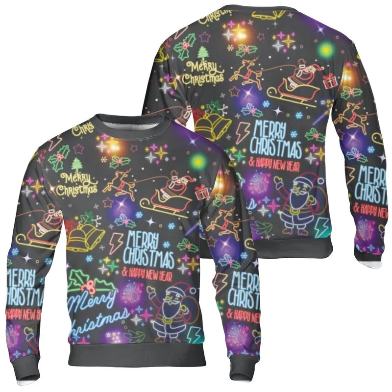 Neon Santa Holiday Sweater, Neon Santa Reindeer Ugly Christmas Sweatshirt, Neon Reindeer Christmas Crewneck, Colorful Holiday Pullover