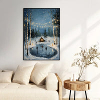 Comfy Forest String Lights Art Print, Winter Ice Skating Cabin Poster, Seasonal Christmas Wall Art Poster, Rustic Holiday Painting Print