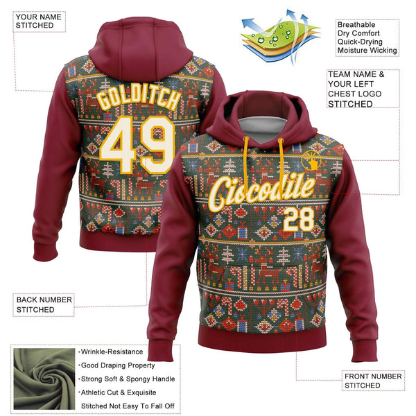 Crimson Cream Gold Holiday Hoodie, Custom Christmas Ugly Sweater Hoodie, Personalized Name Number Pullover Hoodie, Xmas Prese