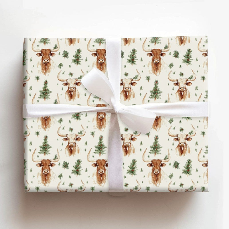 Rustic Holiday Wrapping Paper, Western Longhorn Christmas Wrapping Paper, Farmhouse Country Gift Wrap, Texas Cattle Christmas Wrapping Paper