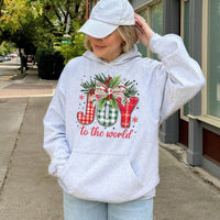 Buffalo Plaid Holiday Hooded Sweatshirt, Joy to the World Christmas Hoodie, Religious Xmas Pullover, Christian Typography Hoodie