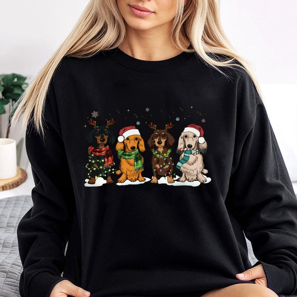 Holiday Wiener Dog Sweater, Dachshund Christmas Sweatshirt, Adorable Retro Animal Aesthetic Pullover, Festive Dog Mom Xmas Cr