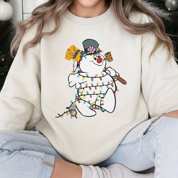 Festive Light String Holiday Sweater, Adorable Snowman Christmas Sweatshirt, Retro Snowman Crewneck Sweatshirt, Comfy Xmas Pu