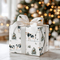 Watercolor Winter Cattle Gift Wrap, Farmhouse Cow Wrapping Paper, Rustic Pine Tree Christmas Wrapping Paper, Animal Lover Gift Wrap