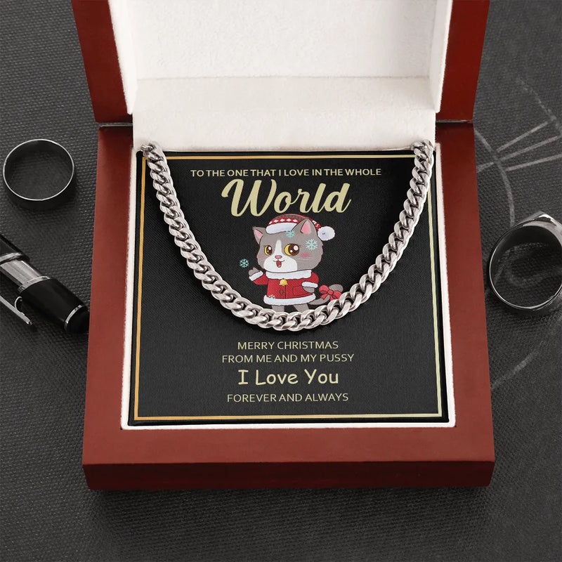 Christmas Message Card Jewelry, Cat Santa Cuban Link Chain Necklace, Polished Stainless Steel Chain, Holiday Anniversary Present for Her
