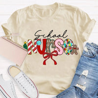 Festive Bow Holiday Nurse Tee, School Nurse Christmas Shirt, Merry Christmas RN T-Shirt, School Healthcare Worker Xmas Present