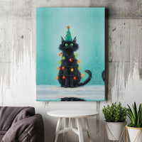 Whimsical Holiday Pet Wall Art, Black Cat Christmas Tree Canvas Print, Festive Kitty Canvas Painting