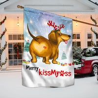 Humorous Weiner Dog Holiday Yard Flag, Dachshund Christmas Garden Flag Merry Kiss My Ass, Double-Sided Xmas Outdoor Lawn Decor