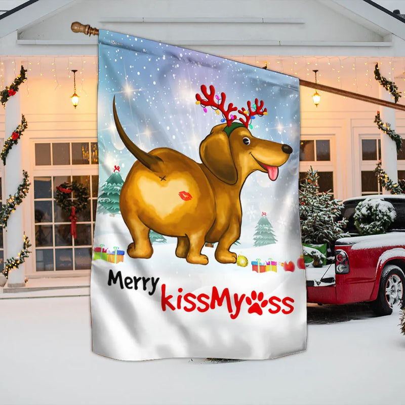 Humorous Weiner Dog Holiday Yard Flag, Dachshund Christmas Garden Flag Merry Kiss My Ass, Double-Sided Xmas Outdoor Lawn Decor