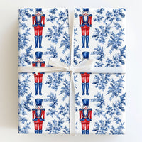Blue Toile Floral Gift Wrap, Nutcracker Wrapping Paper, Watercolor Nutcracker Soldier Wrapping Paper, Christmas Holiday Present Gift Wrap
