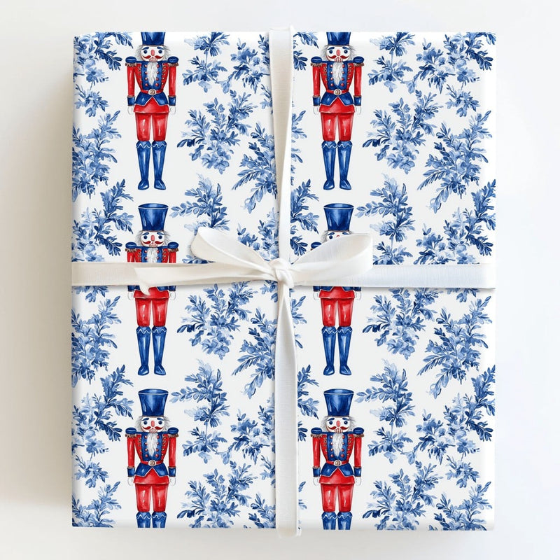 Blue Toile Floral Gift Wrap, Nutcracker Wrapping Paper, Watercolor Nutcracker Soldier Wrapping Paper, Christmas Holiday Present Gift Wrap
