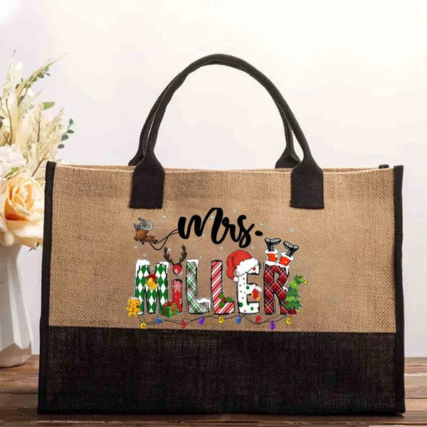 Elk Snowman Gingerbread Cotton Bag, Personalized Christmas Tote Bag, Custom Name Holiday Tote Bag, Festive Reusable Canvas Sh
