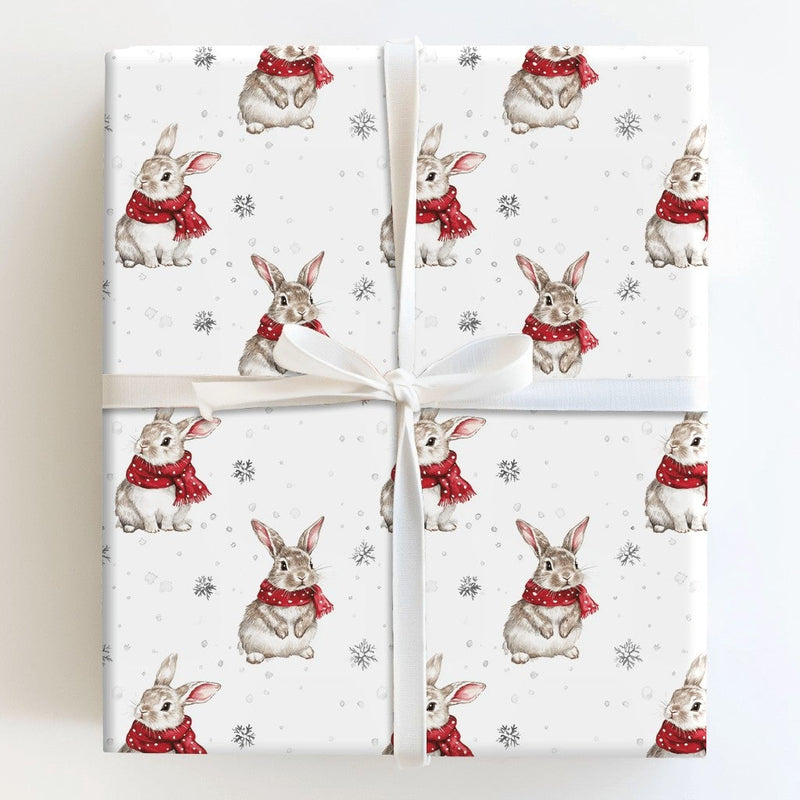 Watercolor Rabbit in Scarf Gift Wrap, Winter Bunny Wrapping Paper, Adorable Christmas Wrapping Paper, Snowy Holiday Present Gift Wrap Roll