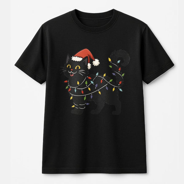 Santa Hat Cat Graphic Tee, Black Cat Christmas T-Shirt, Festive Holiday String Lights Shirt, Adorable Kitty Christmas T-Shirt
