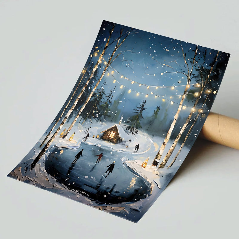 Comfy Forest String Lights Art Print, Winter Ice Skating Cabin Poster, Seasonal Christmas Wall Art Poster, Rustic Holiday Painting Print