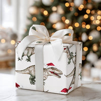 Santa Hat Dinosaur Gift Wrap, Watercolor T-Rex Christmas Wrapping Paper, Adorable Dino Holiday Wrapping Paper, Kids Winter Gift Wrapping Paper