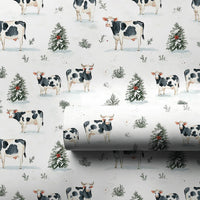 Watercolor Winter Cattle Gift Wrap, Farmhouse Cow Wrapping Paper, Rustic Pine Tree Christmas Wrapping Paper, Animal Lover Gift Wrap