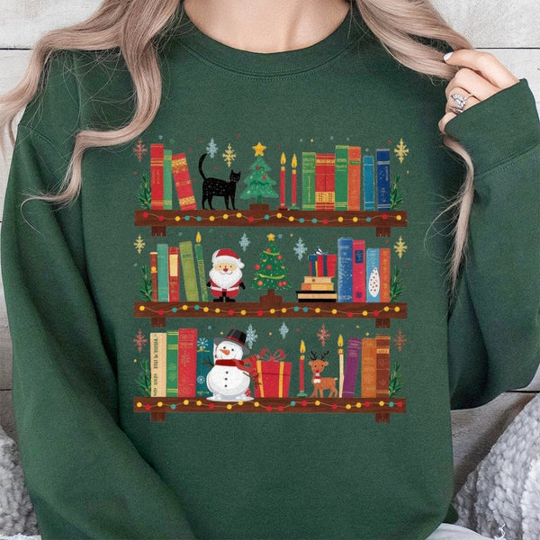 Festive Holiday Library Bookish Sweater, Christmas Bookshelf Sweatshirt, Comfy Winter Book Lover Crewneck, Reading Teacher Xm