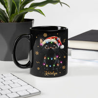 Adorable Kitten Santa Hat Fairy Lights Coffee Mug, Black Cat Christmas Mug, Holiday Pet Lover Cup, Festive Cat Ceramic Mug