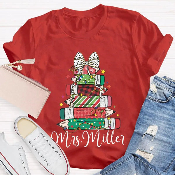Colorful Crayons Bows Holiday Shirt, Personalized Christmas T-Shirt, Custom Name Kids Xmas Graphic Tee, Festive School Party 
