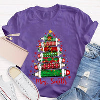 Custom Name Christmas Tree Shirt, Personalized Christmas Tree T-Shirt, Colored Pencil Christmas Tree Tee, Holiday Teacher Xmas Shirt