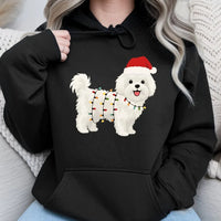 Santa Hat Puppy Graphic Hooded Sweatshirt, Maltese Dog Christmas Hoodie, Adorable Dog Lover Holiday Pullover, Festive Dog Mom Hoodie Sweater