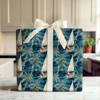 Coastal Christmas Gift Wrap, Sailing Santa Wrapping Paper, Tropical Holiday Wrapping Paper, Palm Tree Ocean Christmas Paper Roll