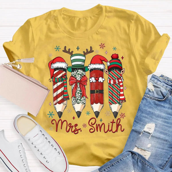 Adorable Pencil Holiday T-Shirt, Personalized Teacher Christmas Shirt, Custom Teacher Tee, Festive School Graphic Shirt, Holi