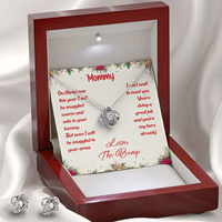 Pregnancy Announcement Love Knot Jewelry, First Christmas New Mom Love Knot Necklace and Earring Set, Holiday Love Knot Keepsake