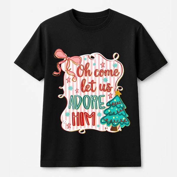 Coquette Christmas Graphic Tee, Oh Come Let Us Adore Him T-Shirt, Christian Holiday Shirt, Religious Xmas Hymn T-Shirt, Faith