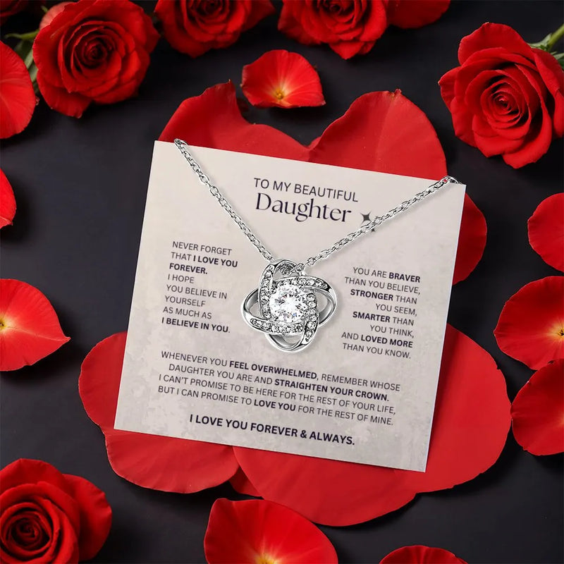 Intertwined Heart Love Knot Necklace, Daughter Love Knot Necklace, Rotating Rose Box Love Knot Pendant, Meaningful Birthday Christmas Present