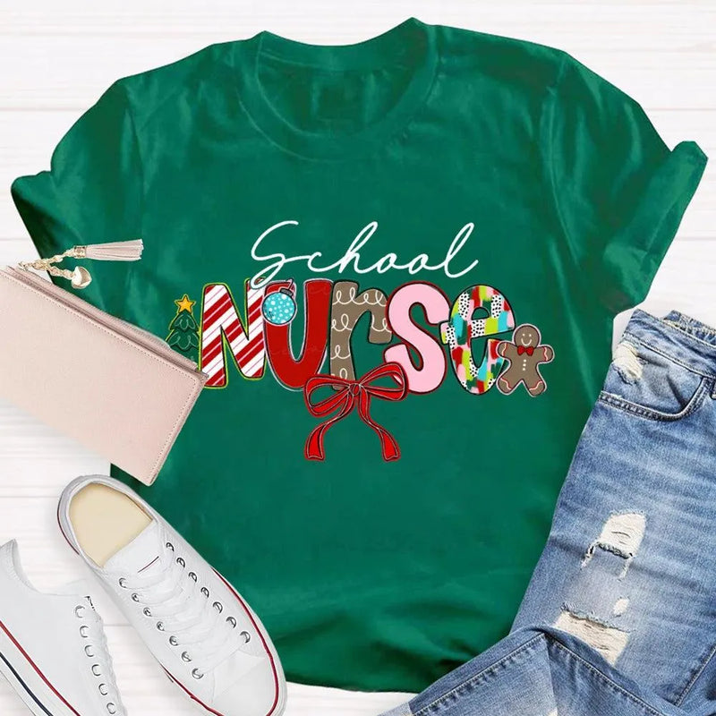 Festive Bow Holiday Nurse Tee, School Nurse Christmas Shirt, Merry Christmas RN T-Shirt, School Healthcare Worker Xmas Present