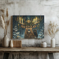 Snowy Forest Black Cat Canvas Print, Christmas Deer Canvas Wall Art, Candle Antler Stag Canvas, Whimsical Winter Holiday Home Decor Present