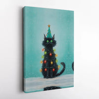 Whimsical Holiday Pet Wall Art, Black Cat Christmas Tree Canvas Print, Festive Kitty Canvas Painting