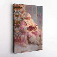 Santa by Christmas Tree Canvas Print, Pink Suit Santa Canvas Art, Holiday Oil Painting Wall Art Canvas, Pastel Xmas Home Decor Present