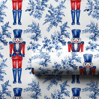Blue Toile Floral Gift Wrap, Nutcracker Wrapping Paper, Watercolor Nutcracker Soldier Wrapping Paper, Christmas Holiday Present Gift Wrap