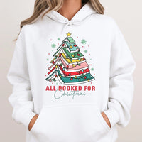 Book Lover Christmas Tree Hoodie, All Booked for Christmas Hoodie, Comfy Holiday Bookworm Hooded Sweatshirt, Reader Teacher Xmas Present Hoodie