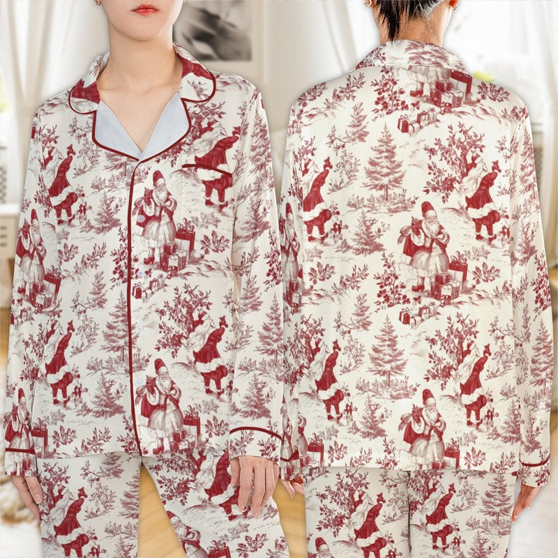 Vintage Holiday Pajama Set, Christmas Santa Toile Satin Pajamas, Festive Christmas Loungewear, Silky Sleepwear, Holiday Present for Her