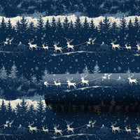 Reindeer Night Wrapping Paper, Santa Sleigh Christmas Wrapping Paper, Winter Forest Holiday Gift Wrap, Navy Blue Xmas Wrapping Paper Roll