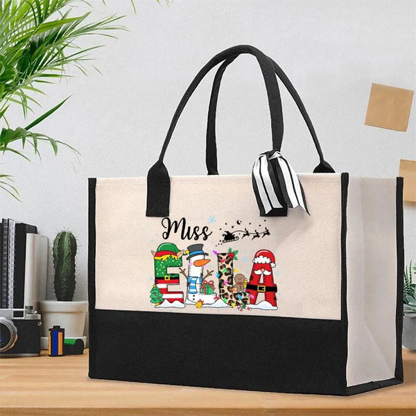 Custom Elk Christmas Canvas Tote, Personalized Snowman Cotton Tote Bag, Holiday Shoulder Bag, Custom Name Shopper Tote, Xmas 