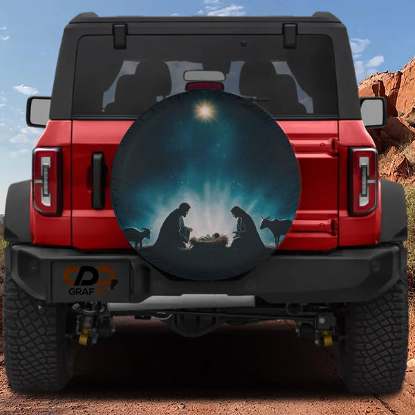Silent Night Holy Christmas Tire Cover, Nativity Scene Spare Tire Cover, Christian Faith Spare Tire Cover, Religious Jeep Bro